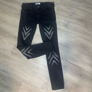 Free People Black Denim Skinny Jeans with Chevron Inspired Pattern Size 26